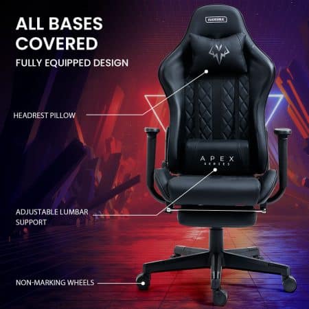 OVERDRIVE Apex Series Reclining Gaming Ergonomic Office Chair with Footrest, Black - Image 2