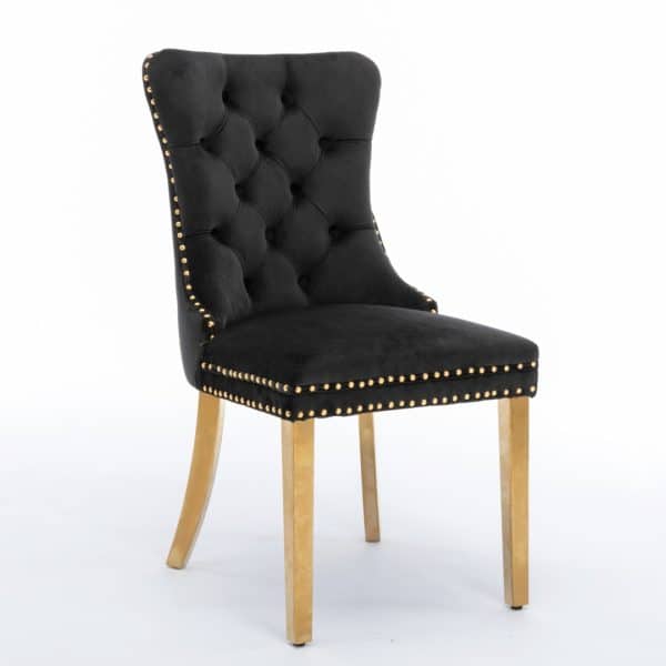AADEN 2x Velvet Dining Chairs with Golden Metal Legs-Black - Image 2