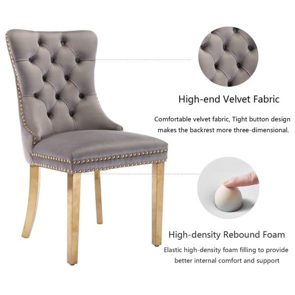 AADEN 2x Velvet Dining Chairs with Golden Metal Legs-Grey - Image 2