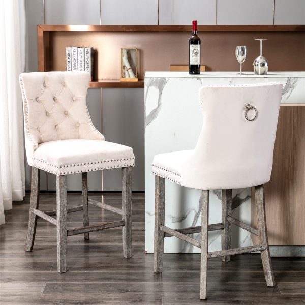 6X Velvet Bar Stools with Studs Trim Wooden Legs Tufted Dining Chairs Kitchen - Image 2