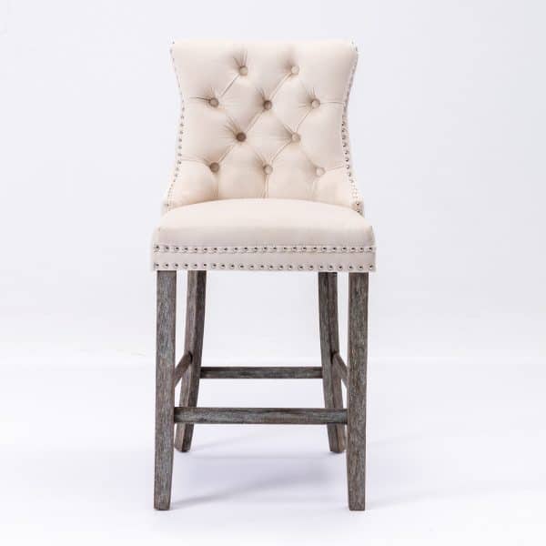 2X Velvet Bar Stools with Studs Trim Wooden Legs Tufted Dining Chairs Kitchen - Image 2