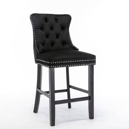 2X Velvet Bar Stools with Studs Trim Wooden Legs Tufted Dining Chairs Kitchen - Image 2