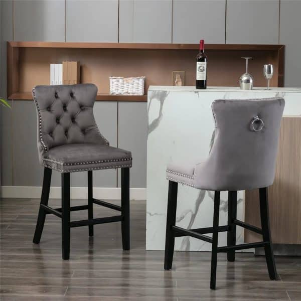 4X Velvet Bar Stools with Studs Trim Wooden Legs Tufted Dining Chairs Kitchen - Image 2