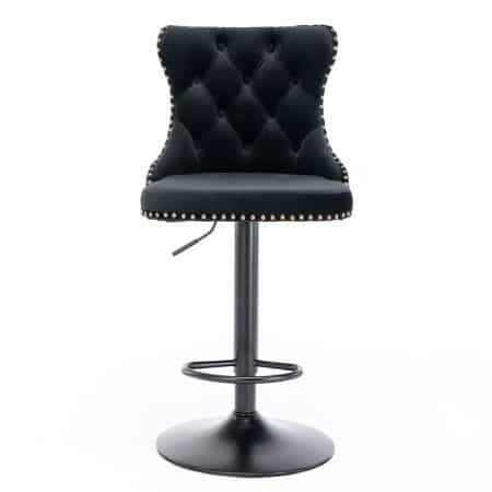 2x Height Adjustable Swivel Bar Stool Velvet Nailhead Barstool with Footrest - Image 2