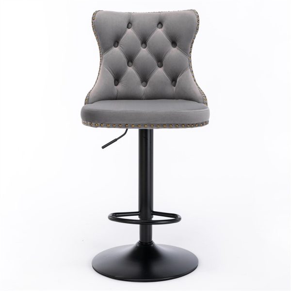 2x Height Adjustable Swivel Bar Stool Velvet Nailhead Barstool with Footrest - Image 2