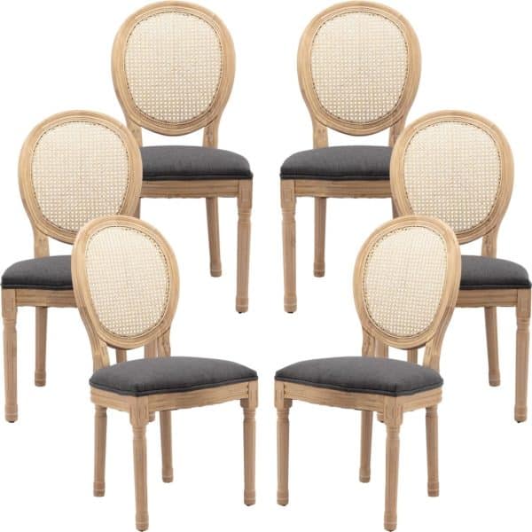 AADEN 6x Rattan Dining Chairs with Solid Wood Legs- Grey