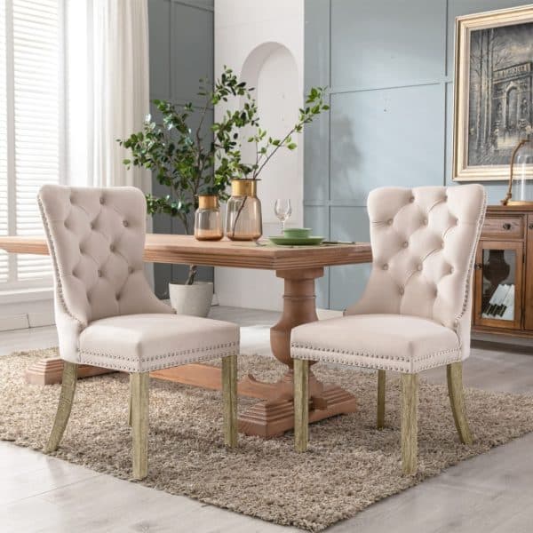 4x Velvet Dining Chairs Upholstered Tufted Kithcen Chair with Solid Wood Legs Stud Trim and Ring-Beige - Image 2
