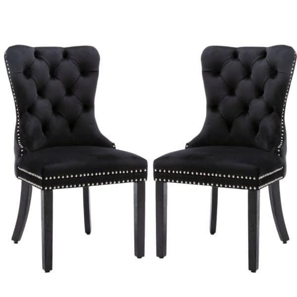 4x Velvet Dining Chairs Upholstered Tufted Kithcen Chair with Solid Wood Legs Stud Trim and Ring-Black - Image 2