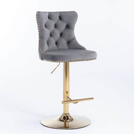 2x Height Adjustable Swivel Bar Stool Velvet Studs Barstool with Footrest and Golden Base- Grey - Image 2