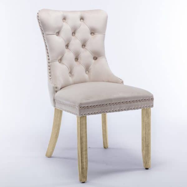 2x Velvet Dining Chairs Upholstered Tufted Kithcen Chair with Solid Wood Legs Stud Trim and Ring-Beige - Image 2