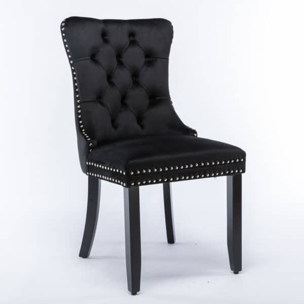 2x Velvet Dining Chairs Upholstered Tufted Kithcen Chair with Solid Wood Legs Stud Trim and Ring-Black - Image 2