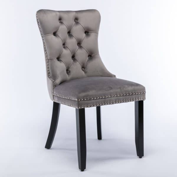2x Velvet Dining Chairs Upholstered Tufted Kithcen Chair with Solid Wood Legs Stud Trim and Ring-Gray - Image 2