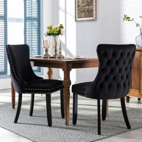 2x Velvet Upholstered Dining Chairs Tufted Wingback Side Chair with Studs Trim Solid Wood Legs for Kitchen - Image 2