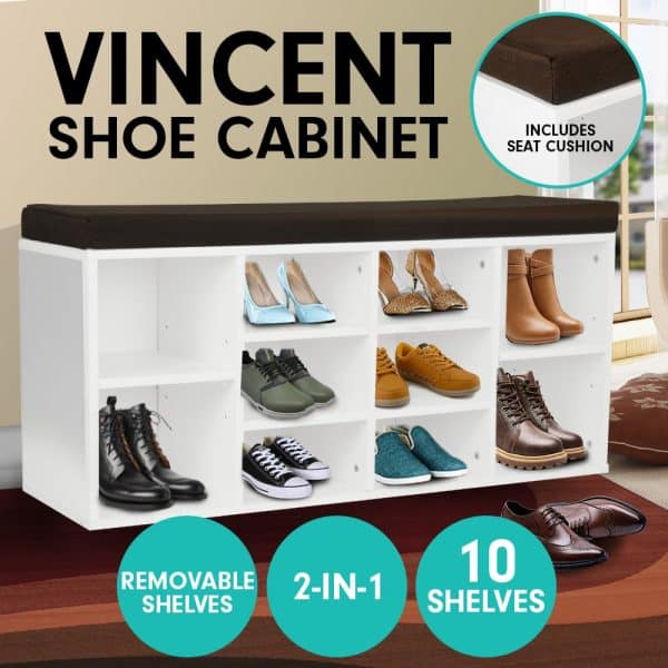 Sarantino Shoe Rack Cabinet Organiser Brown Cushion Bench Stool - 104 X 30 X 45 - White - Image 2