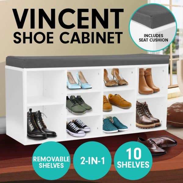 Sarantino Shoe Rack Cabinet Organiser Grey Cushion Sttol Bench Ottoman - 104 X 30 X 45 - White - Image 2