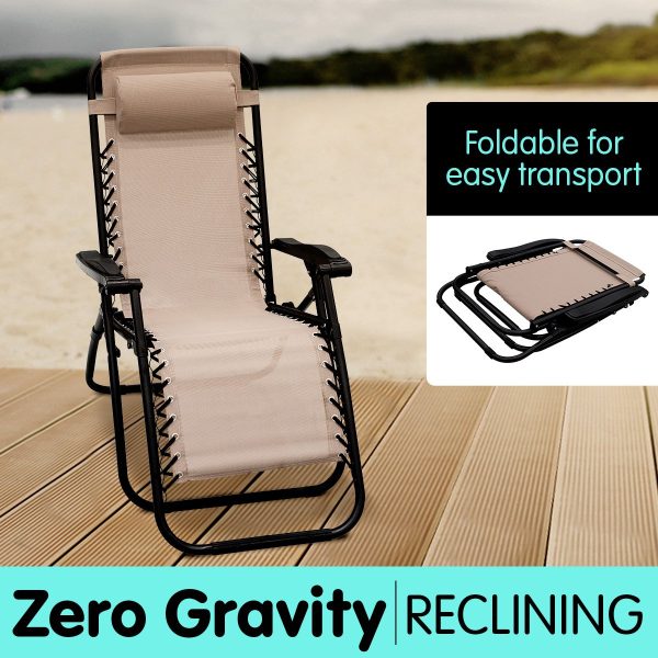 Wallaroo Zero Gravity Reclining Deck Lounge Sun Beach Chair Outdoor Folding Camping - Beige - Image 2
