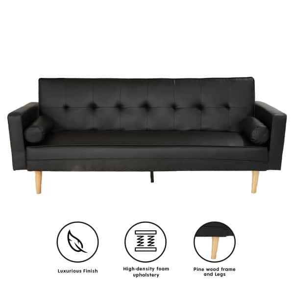 Sarantino Madison Faux Leather Sofa Bed Lounge Couch Futon Furniture Home Suite - Black - Image 2