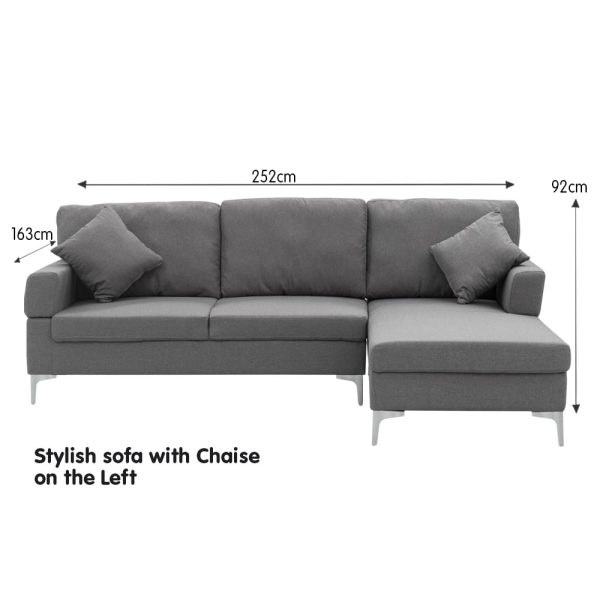 Sarantino 3 Seater Linen Sofa Lounge Left Side Chaise Couch Furniture Dark Grey L-shaped - Image 2