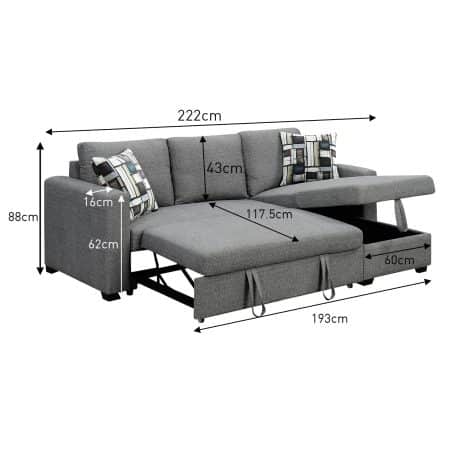 Sarantino Fontana Pullout Sofa Bed with Storage Chaise Lounge - Grey - Image 2