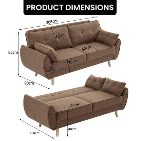 Sarantino 3 Seater Modular Linen Fabric Sofa Bed Couch Futon Suite - Brown - Image 2