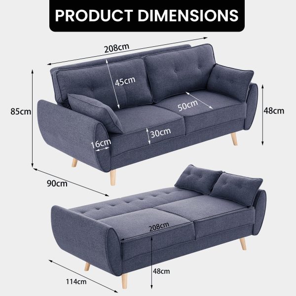 Sarantino 3 Seater Modular Linen Fabric Sofa Bed Couch Futon Suite - Dark Grey - Image 2