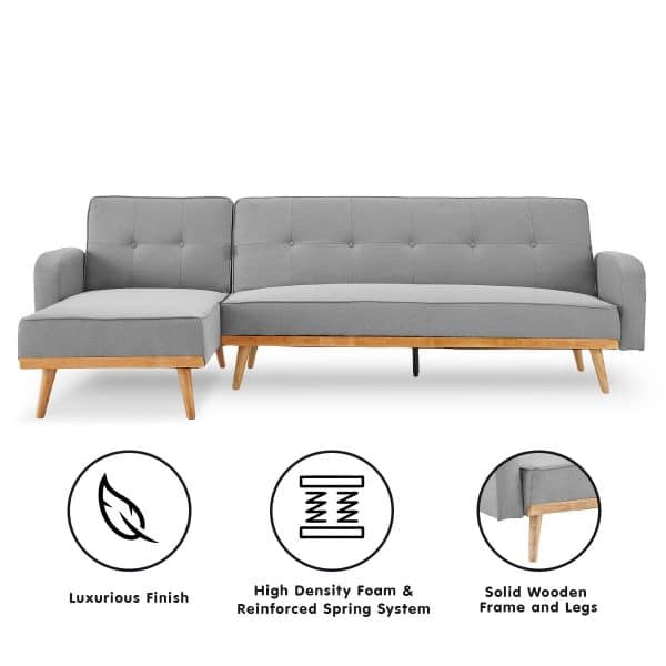 Sarantino 3-Seater Corner Sofa Bed with Chaise Lounge - Light Grey - Image 2