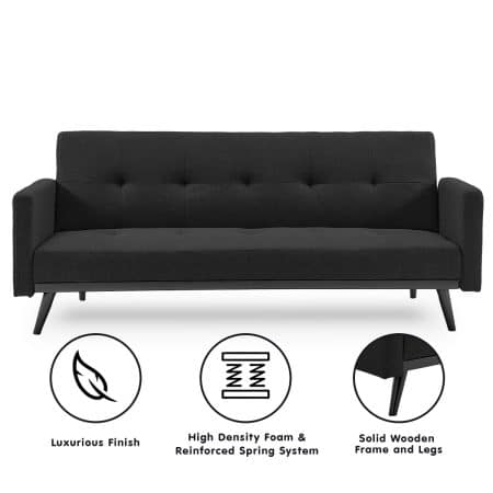 Sarantino Tufted Faux Linen 3-Seater Sofa Bed with Armrests - Black - Image 2