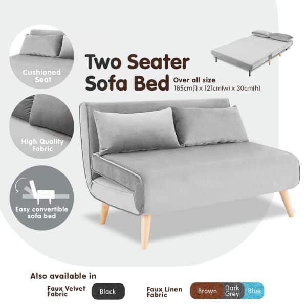 Sarantino 2-Seater Adjustable Sofa Bed Lounge Faux Velvet - Light Grey - Image 2