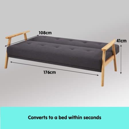 Sarantino 3 Seater Linen Fabric Wood Sofa Bed Lounge Couch Dark Grey - Image 2