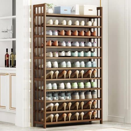 10 Tier Tower Bamboo Wooden Shoe Rack Corner Shelf Stand Storage Organizer - Image 2