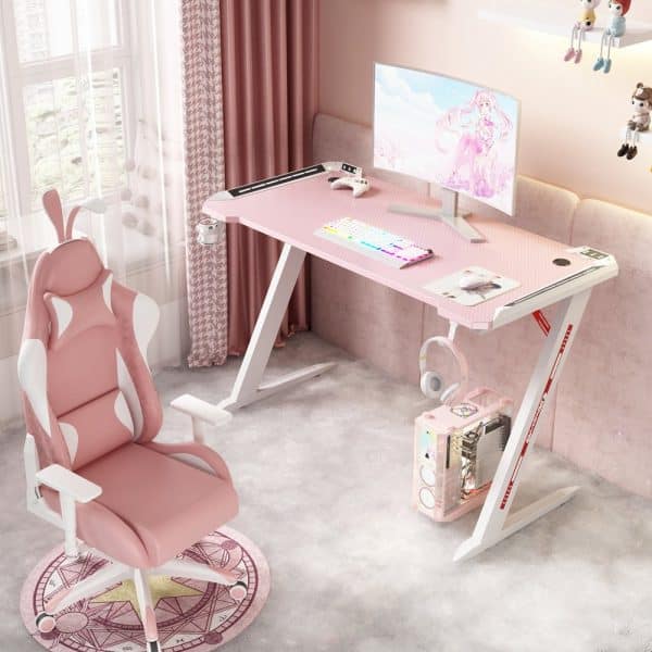 120cm RGB Gaming Desk Home Office Carbon Fiber Led Lights Game Racer Computer PC Table Z-Shaped Pink - Image 2