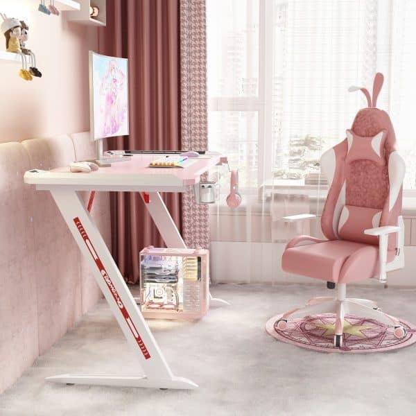 140cm RGB Gaming Desk Home Office Carbon Fiber Led Lights Game Racer Computer PC Table Z-Shaped Pink - Image 2
