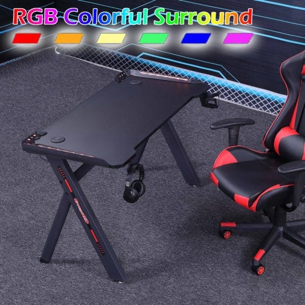 140cm RGB Gaming Desk Home Office Carbon Fiber Led Lights Game Racer Computer PC Table Y-Shaped Black - Image 2