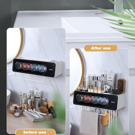 Ecoco Wall-Mounted Toothbrush Holder with 4 Cups and 4 Toothbrush Slots Toiletries Bathroom Storage Rack Black - Image 2