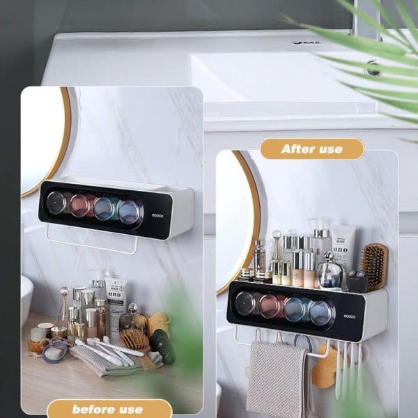 Ecoco Wall-Mounted Toothbrush Holder with 4 Cups and 4 Toothbrush Slots Toiletries Bathroom Storage Rack Black - Image 2