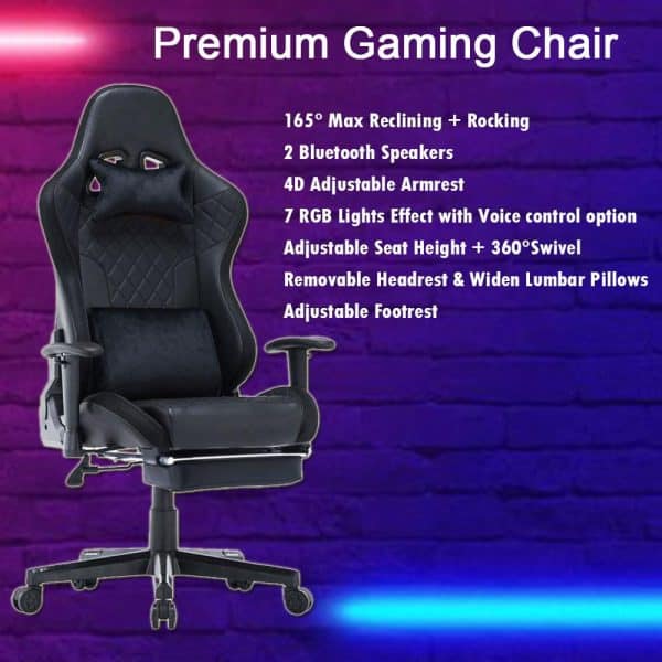 7 RGB Lights Bluetooth Speaker Gaming Chair Ergonomic Racing chair 165° Reclining Gaming Seat 4D Armrest Footrest Black - Image 2