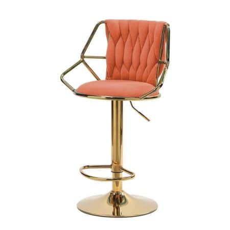 2x Height Velvet Padded Golden Round Base Barstools Chairs with Backrest and Footrest -ORANGE - Image 2