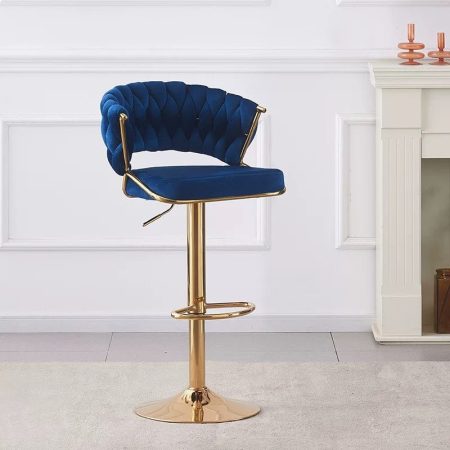 2x Height Blue Velvet Padded Golden Round Base Barstools Chairs - Image 2