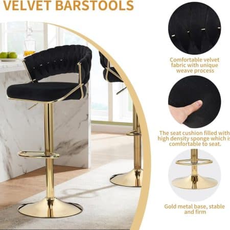 2x Height Green Velvet Padded Golden Round Base Barstools Chairs - Image 2