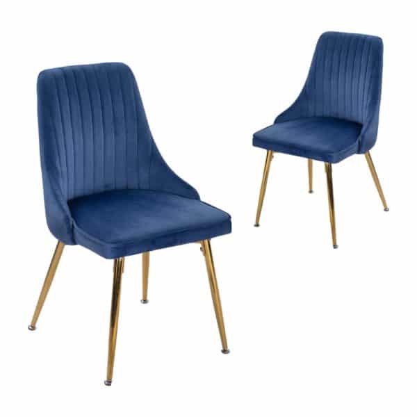Viva Forever Set of 2 Blue Velvet Dining Chairs – Art Deco Design with Gold Metal Legs - Image 2
