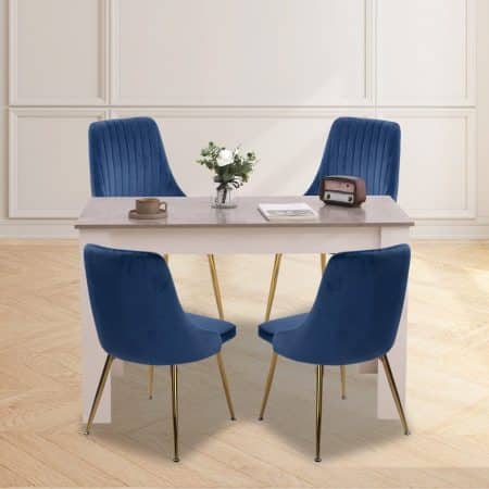 Grey Rectangular Dining Table with 4x Blue Velvet Chairs - Image 2