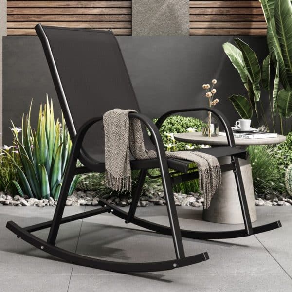 Rocking Chair High Back Rocker Chairs Steel Metal Textilene Fabric-Black - Image 2