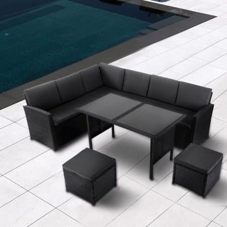 Ella 8-Seater Modular Outdoor Garden Lounge and Dining Set with Table and Stools in Black - Image 2