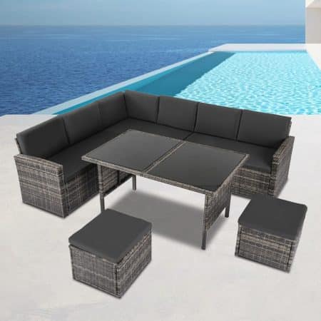 Ella 8-Seater Modular Outdoor Garden Lounge and Dining Set with Table and Stools in Dark Grey Weave - Image 2
