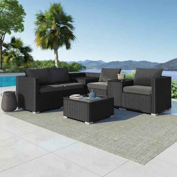 7PC Outdoor Wicker Loveseat Setting with Storage Corner (Black) - Image 2