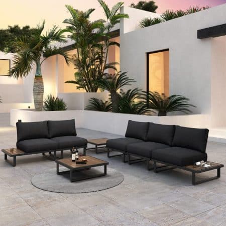 Modern Outdoor 7 Piece Lounge Set with Slatted Polywood Design Tables - Image 2