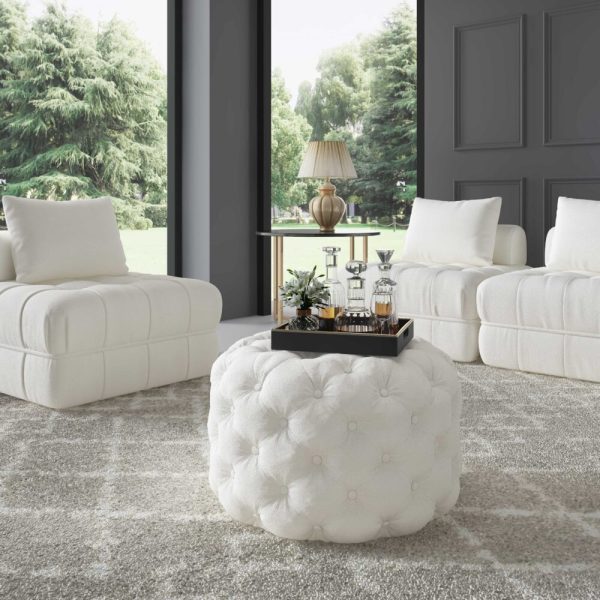 Bouclé White Ottoman-Round - Image 2