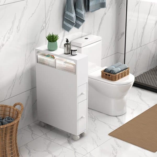 Removable Bathroom Side Cabinet Toilet Caddy with Storage Drawers- White - Image 2