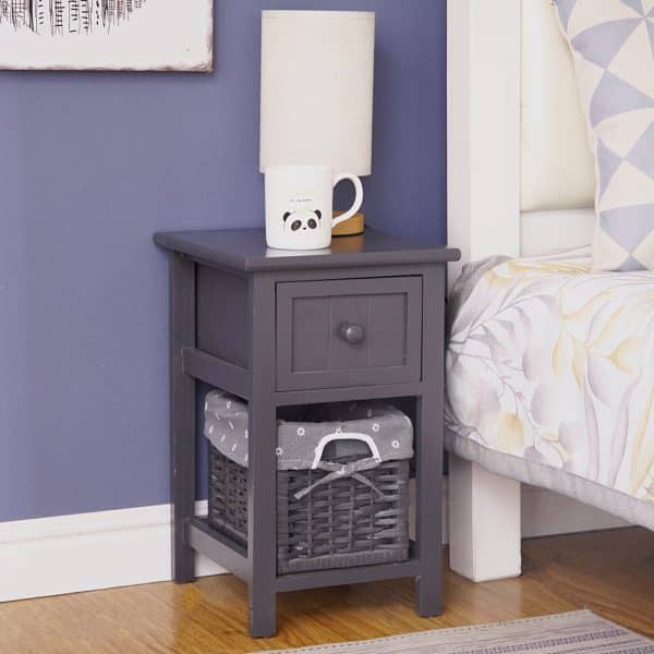Grey Bedside Table with Wicker Basket - Image 2
