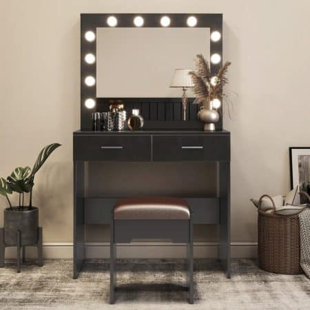 Fidel Vanity Set with Cushioned Stool and Lighted Mirror- Black - Image 2